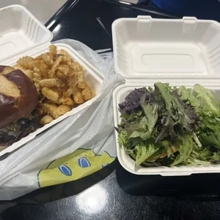 Two comfort burgers one regular with fries one with no bun and side salad