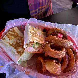 Grilled chicken wrap and onion rings