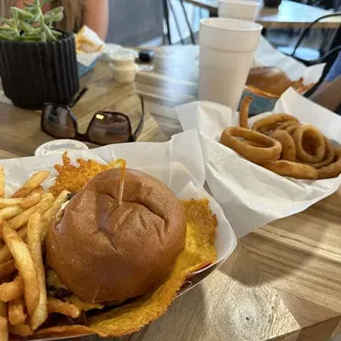 Burger, fries and onion rings.