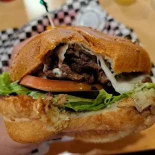 Steak sandwich uses ribeye steak (rib eye or rib-eye). $2 cheese add-on. I got provolone, but you could pick a cheddar cheese skirt.