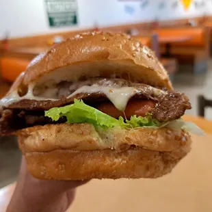Steak sandwich uses ribeye steak (rib eye or rib-eye)$2 cheese add-on. I got provolone, but you could pick a cheddar cheese skirt.