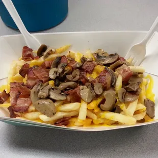 My $4 fries with added cheeses, bacon, and mushrooms...$7
