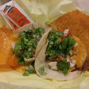 The squeeze inn chicken tacos! Only $4 each! Check out all that fried cheese!