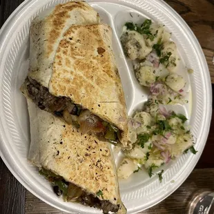 Vegetarian burrito and potato salad