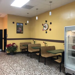 Seating area and bathrooms.