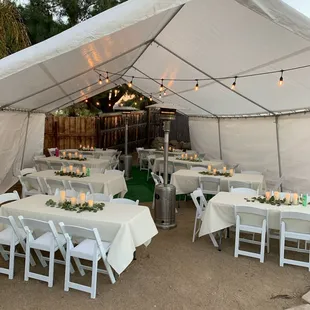 20x30 Canopy w/ 2 Sidewalls &amp; Lighting ; 6ft Rectangle Tables ; White Padded Resin Chairs ; Linens ; Heaters