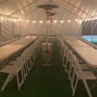 20x40 Canopy with Sidewalls, End walls &amp; Lighting, 8ft Rectangle Tables, White Resin Padded Chairs &amp; Heaters