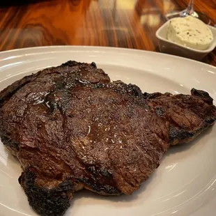 Boneless Rib-eye Pt Reyes blue butter sauce.