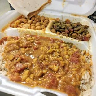 Vegan Lunch: Tomato Dal over rice, Chickepea Potato (top left), and Indian Beans with Peanuts (top right)