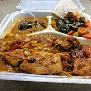 Spicy Chicken Hyderabadi, Grape Leaves and Mixed Veggies ( top left), and Baby Eggplant in Peanut and Coconut Gravy (top right)