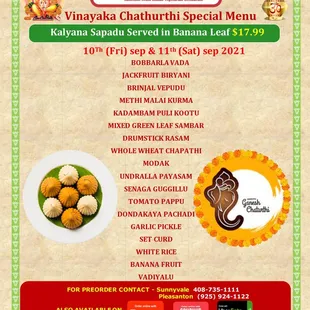 Vinayaka Chaturthi Special Menu 10th and 11th Sept.