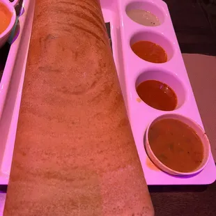 Ghee dosa with unbelievably delicious sauces
