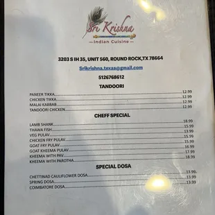 Chef special menu