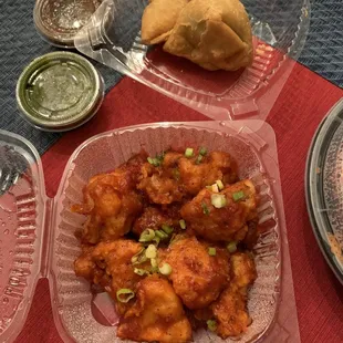 Gobi Manchurian and vegetable samosas