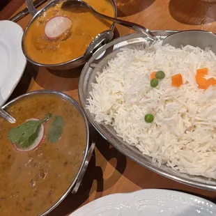 Left to right: daal makhani (black lentils), lamb korma, rice.