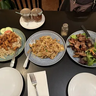 Crispy chicken fried rice . Grilled pork and Guay tiew Kua