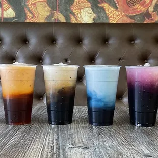 Tea drinks selection : (left to right) Twisted tea - Thai Tea - Thai coffee - Ocean blue - Butterfly pea with lime - Thai Green tea
