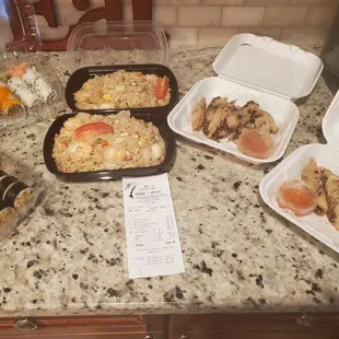 Sushi, Thai fried rice, and Thai egg rolls