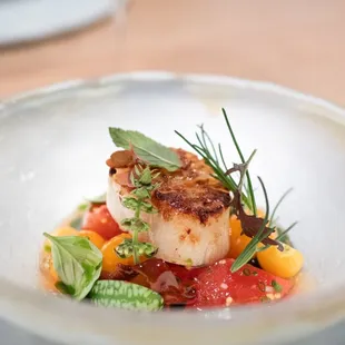 Scallops with marinated tomatoes, served with tomato-jalapeño kombucha