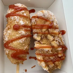 Left -- 5 (mozz sausage hotdog) w/ sugar &amp; ketchup Right -- 8 (potato mozz sausage hotdog) w/ sugar &amp; ketchup