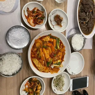 Beef bulgogi and Spicy Rice Cake (Tteokbokki)..sides are delicious!