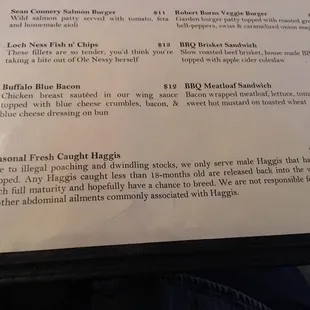 Love the funny items on the menu here. Check out the Haggis description. Love it.