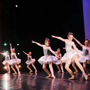 Young dancers performing ballet on stage