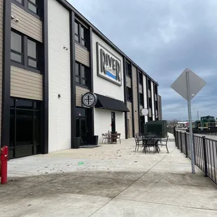 Front of business, patio area