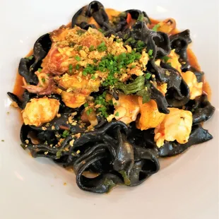 Mafaldine al Nera - squid ink, calamari, shrimp, mussels, chili