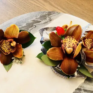 Brown sugar orchid corsage and boutonnière, beautiful!
