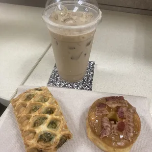 Spinach Croissant (soo good!), maple bacon, and Iced White Chocolate Mocha