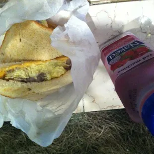 Steak, egg &amp; cheese sandwich.