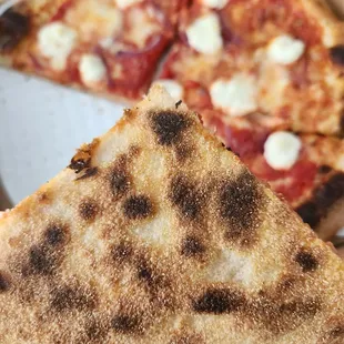 a hand holding a slice of pizza