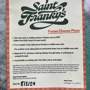 Frozen pizza directions