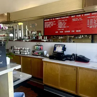 The fountain menu board at the front of the restaurant.
