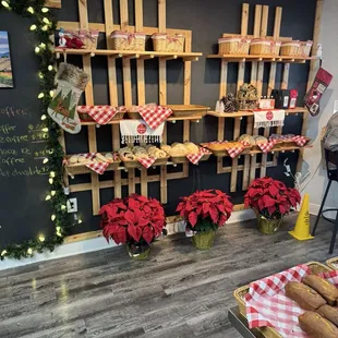Store interior and baked goods.