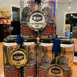 a stack of cans of beer