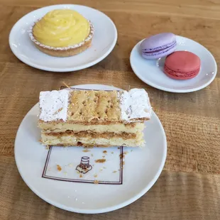 Crème Brûlée Mille-feuille, Tarte Citron, Cassis (Black Currant) Macaron, Raspberry Cream Macaron