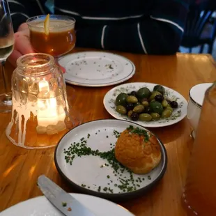 Gougeres, olives, and some mocktails.