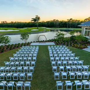 Aerial view of the event lawn at sunset.