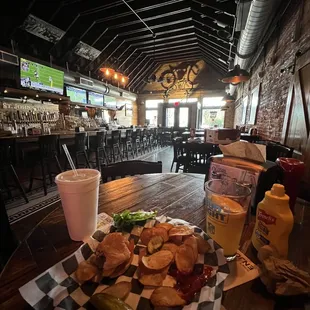 a plate of food and a drink