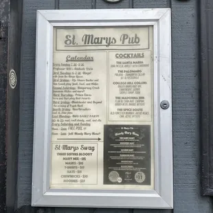 Events calendar and cocktail menu