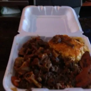 Oxtail,rice and beans,plantain,macaroni pie