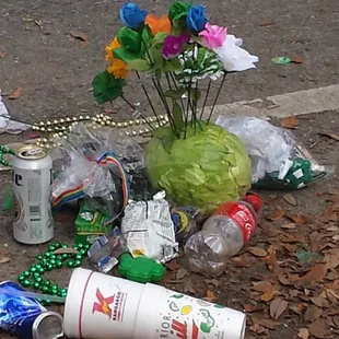 Created sculpture of cabbage, flowers and detritus