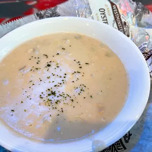 Clam chowder - yummy but had quite a few shells while eating so I would skip this next time.
