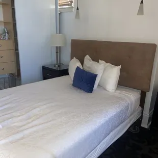 The bed WITHOUT the pictures gorgeous art above it, luxurious pillows and the comforter is about the thickness of a sheet.