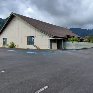 Looking at the back side of the church from the parking lot