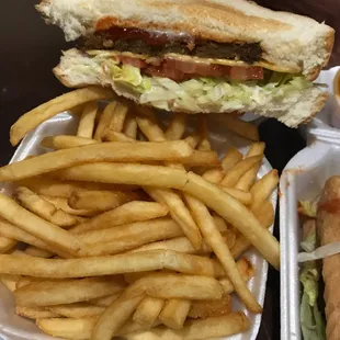 Hot sausage on toast with fries