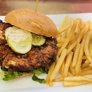 a fried chicken sandwich and french fries