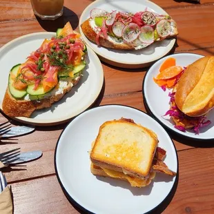 Egg Sandwich + bacon, Korean Hot Chicken Sandwich, Avocado Toast, and Smoked Salmon Toast!